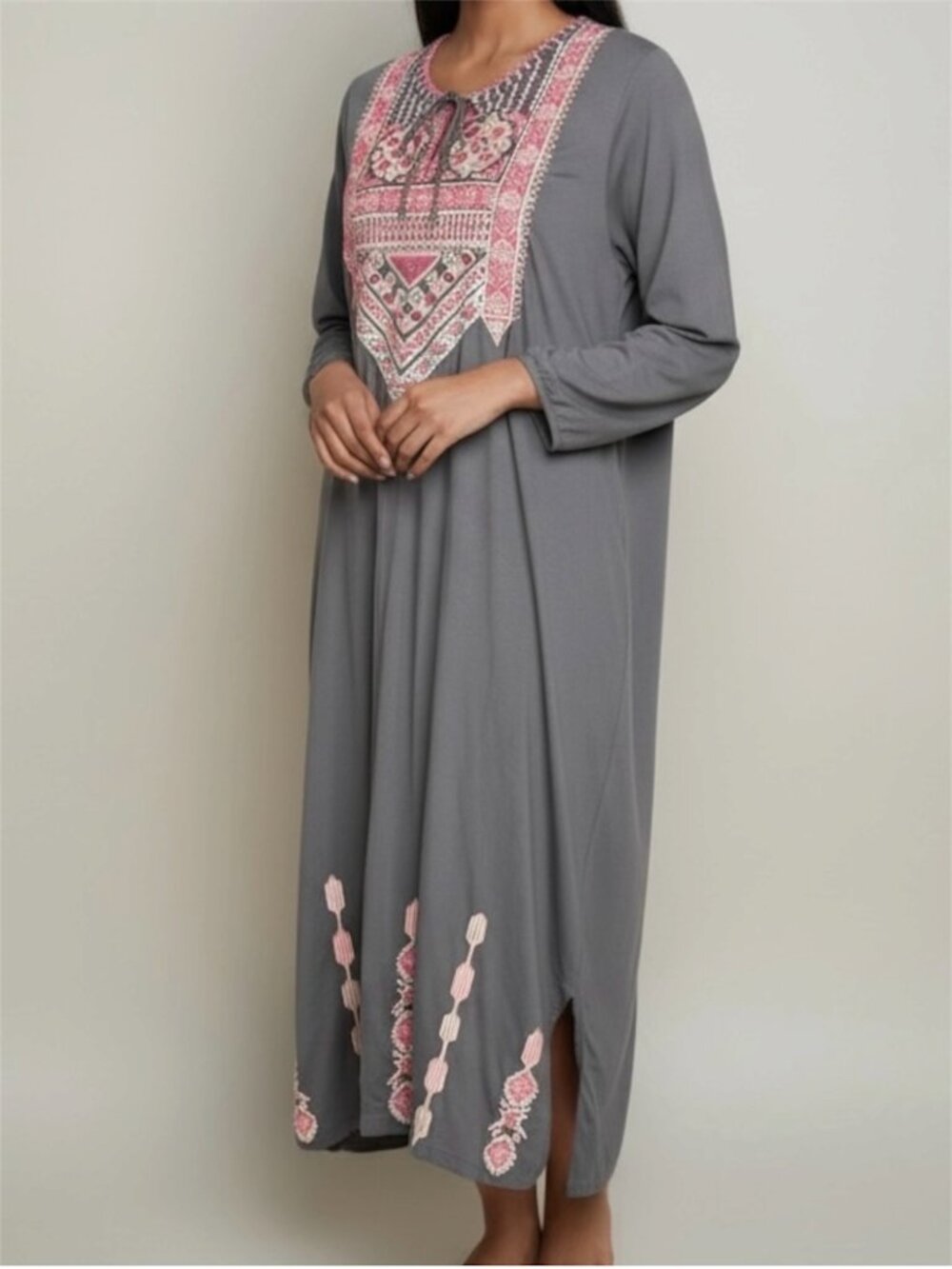JOHNNY WAS Embroidered Cotton Midi Tunic Dress - Gray - Size L